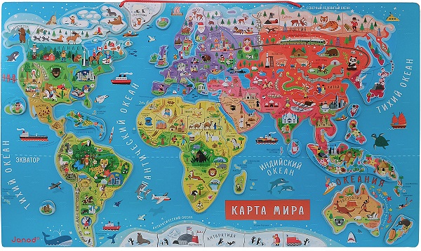 Карта мира с магнитными пазлами, 92 эл., РУССКИЙ ЯЗЫК