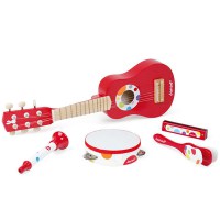 Janod Набор красных музыкальных инструментов - гитара, бубен, губная гармошка, дудочка, трещотка